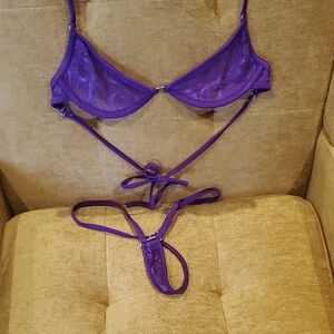 Sheer Strappy Purple Bikini Set - Women Swim